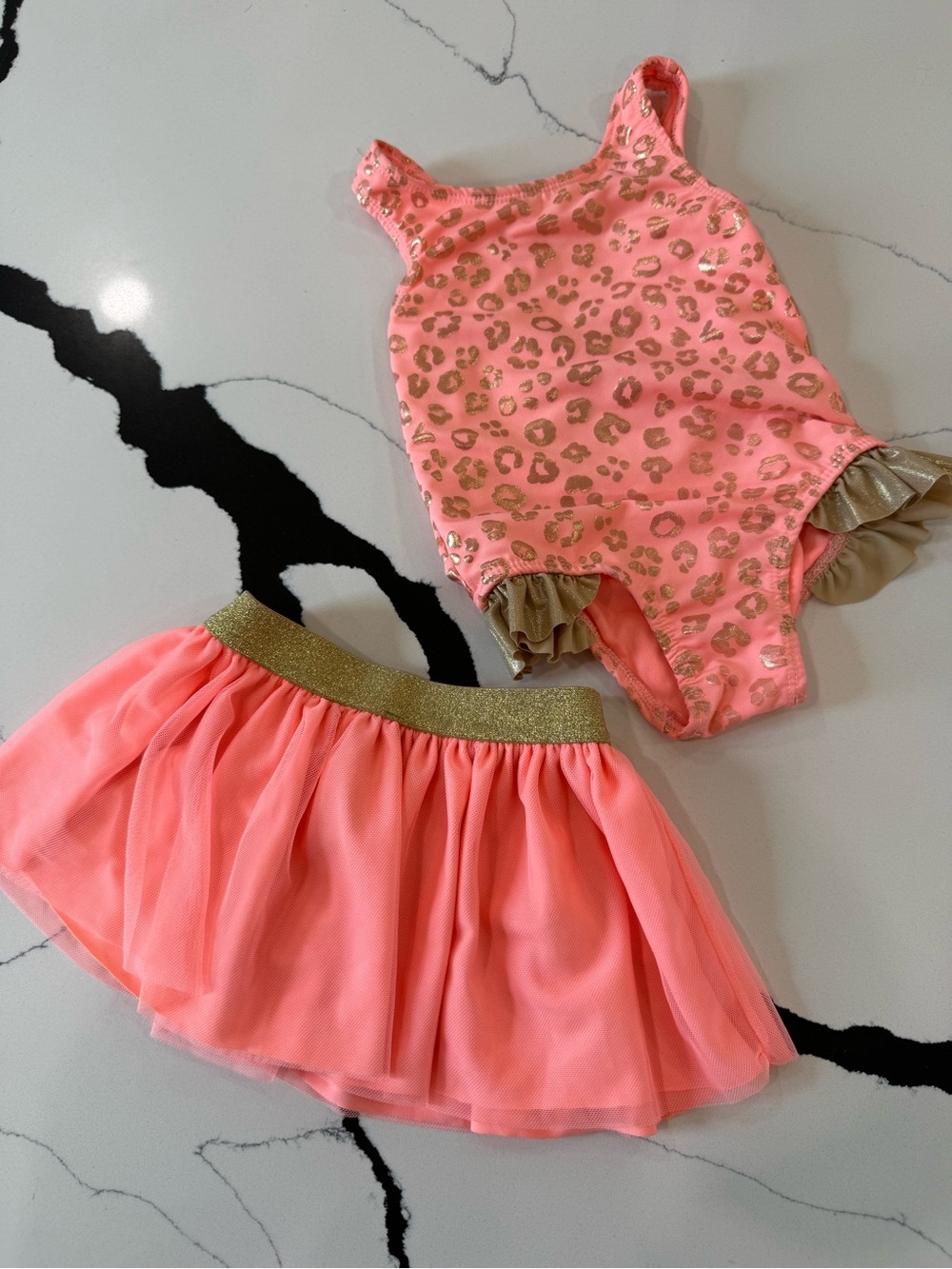 Penelope Mack Coral Pink Leopard Print One-Piece with Tulle Skirt 2T